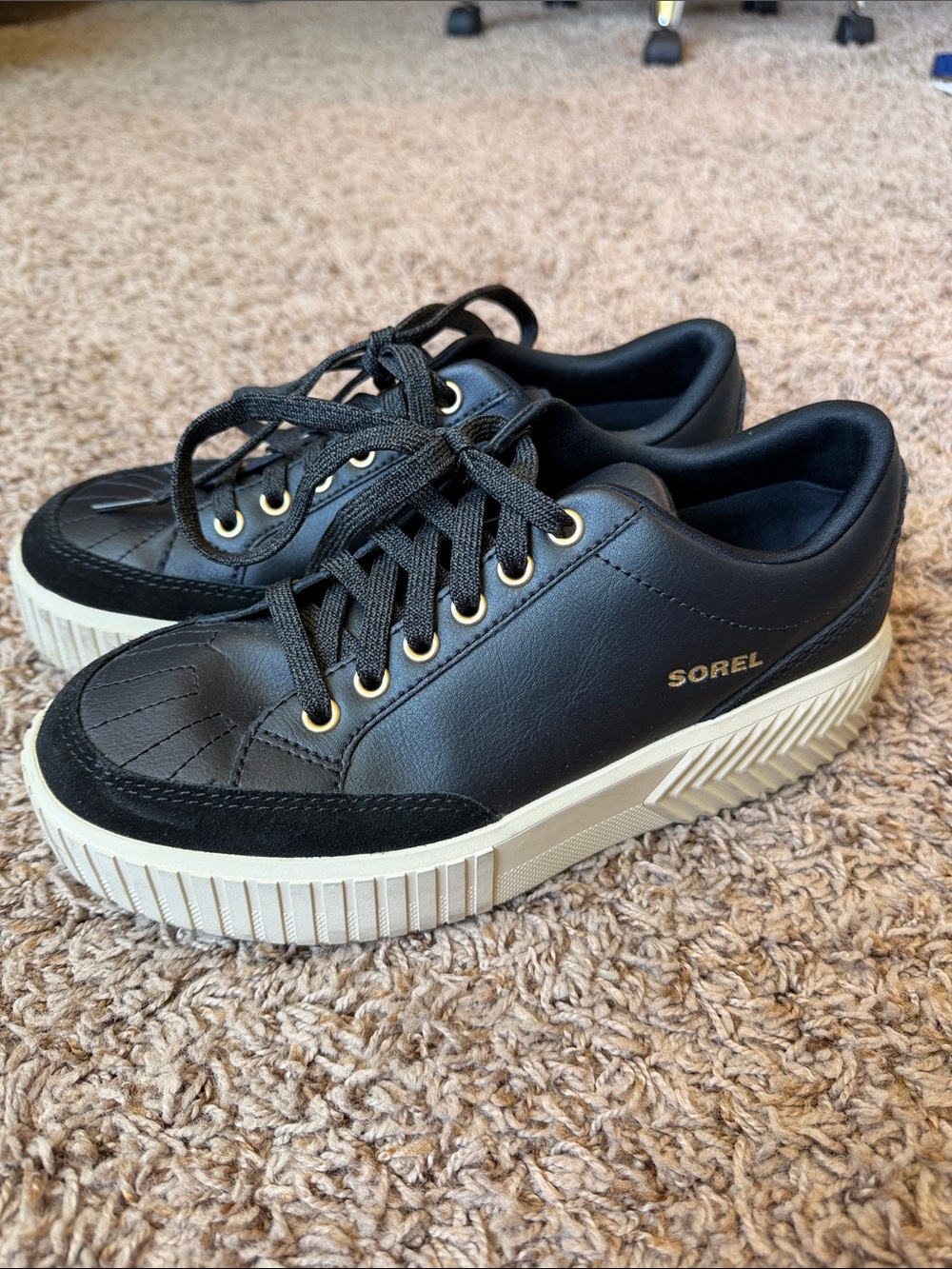 Sorel Black Leather Lace-Up Sneakers with Cream Platform